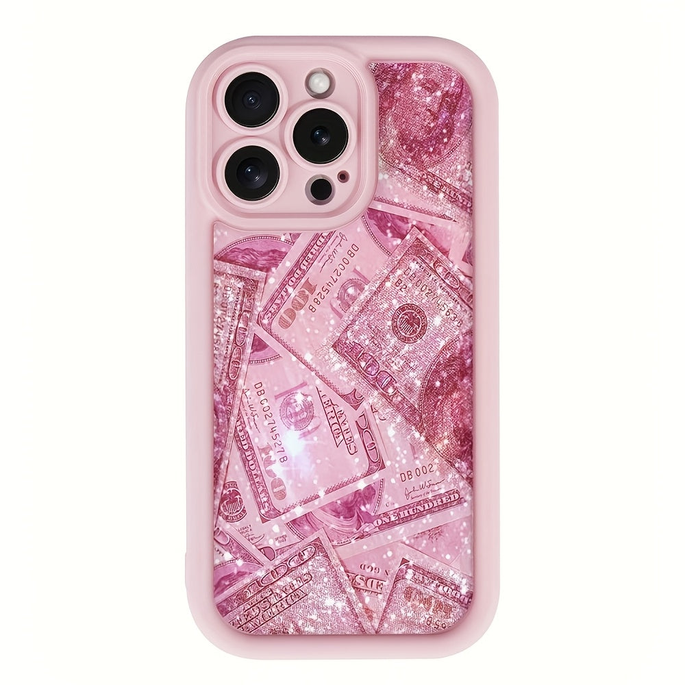 A Shockproof Full Coverage Protective Case Featuring a High Bamboo Pink Rose And Golden Dollar Design, Compatible with Apple Iphone Models 6 Through 16 Pro Max.